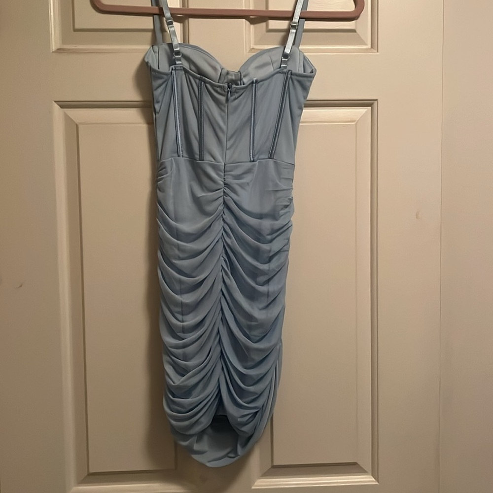 Baby Blue Ruched Mini Dress - Picture 4 of 7